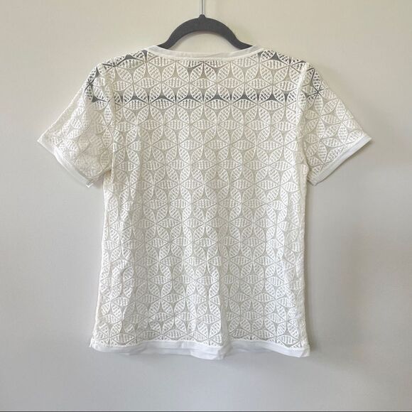 Ann Taylor Loft Women's Petite Medium Ivory Short Sleeve Sheer Embroidered Top S - Picture 2 of 12